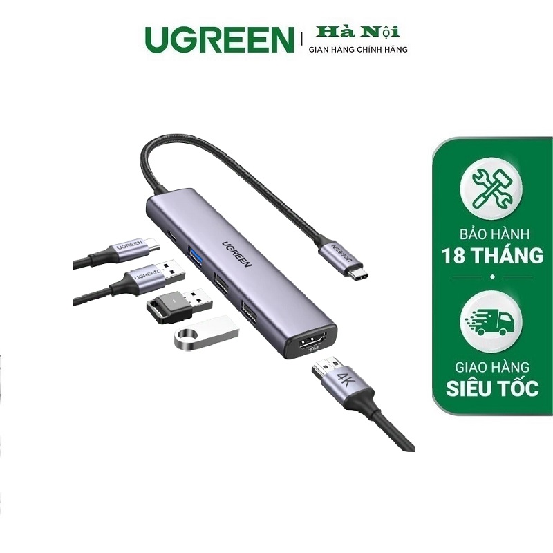 ugreen 15495 Bộ chuyển đổi USB-C đến 2xUSB-A 2.0+1xUSB-A 3.0+HDMI+PD 4K@30Hz